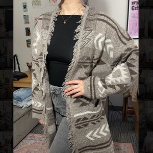 Vintage Aztec Patterned Long & Oversized Cardigan Sweater - Size Medium